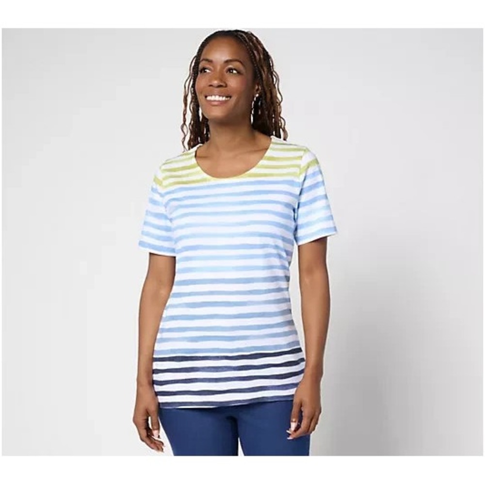 Denim & Co. Active Textured Cotton Short Sleeve Striped Top Navy Multi:XS #47'